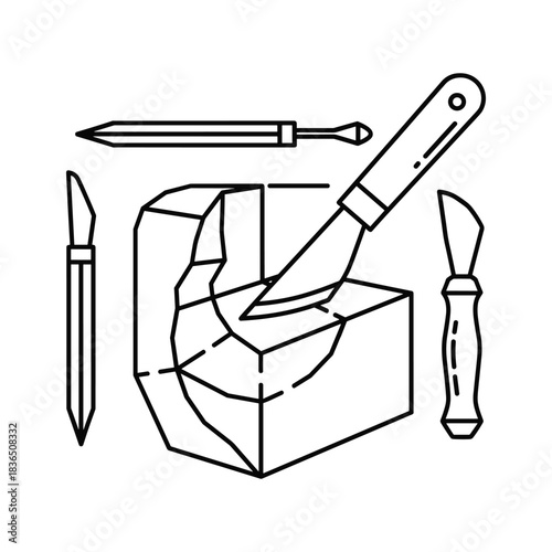 Wood Carving Tools and Block Line Art Icon