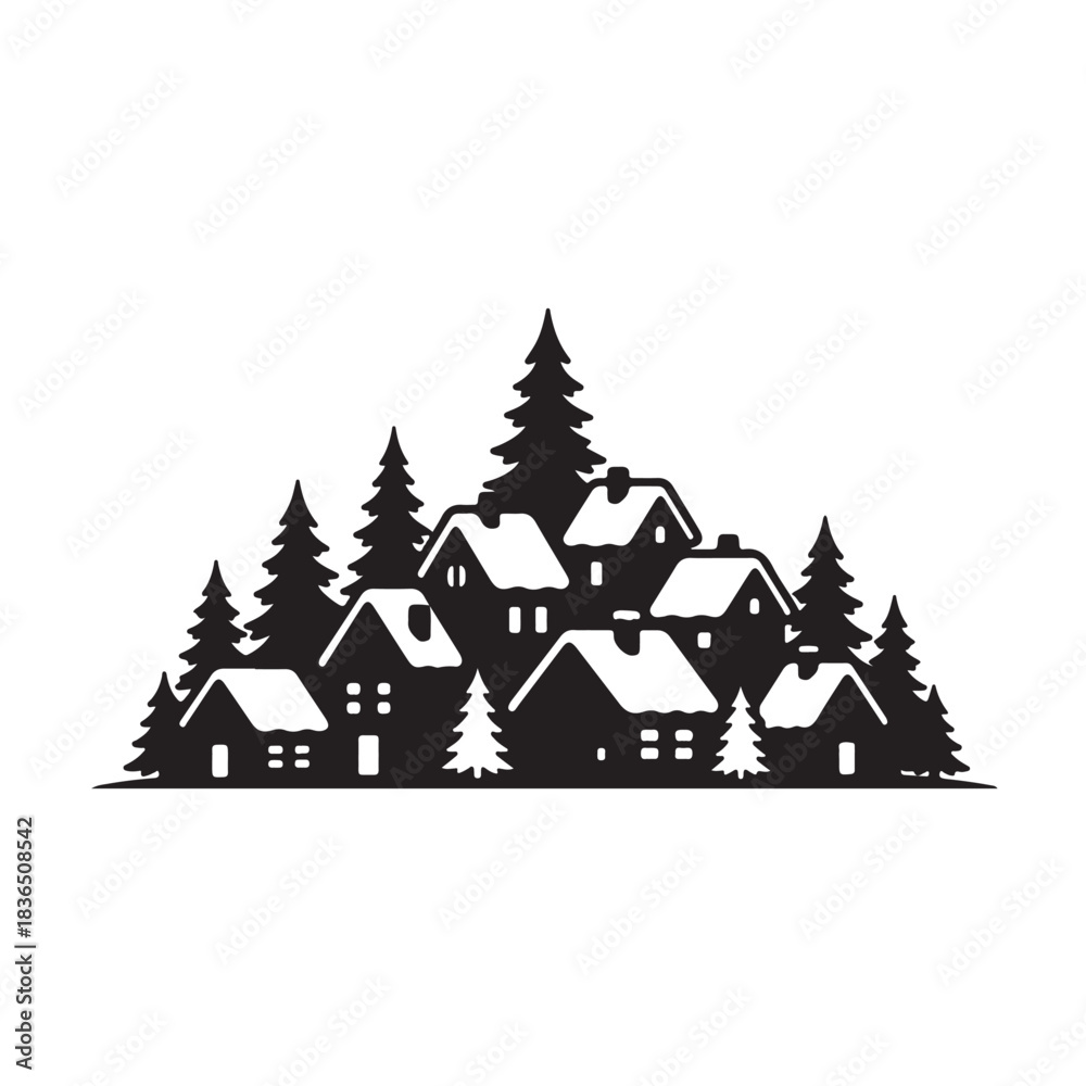Fototapeta premium Snowy Village Houses Silhouette