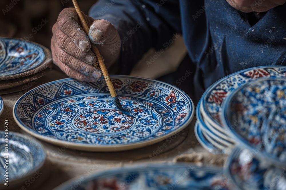 Obraz premium Close-up of craftsman's hands painting intricate blue and red floral design onto a ceramic plate with a fine brush, a traditional art form.