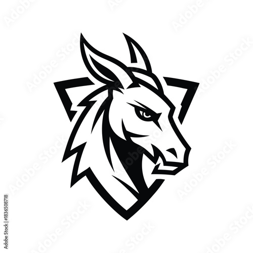 Donkey head mascot logo. Black and white vector illustration of a mule or burro face inside a shield.