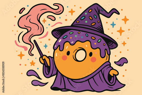 Cute donut wizard casting magic spell with sparkles and smoke