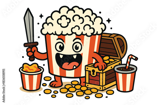 Cartoon popcorn character holding sword next to treasure chest and soda