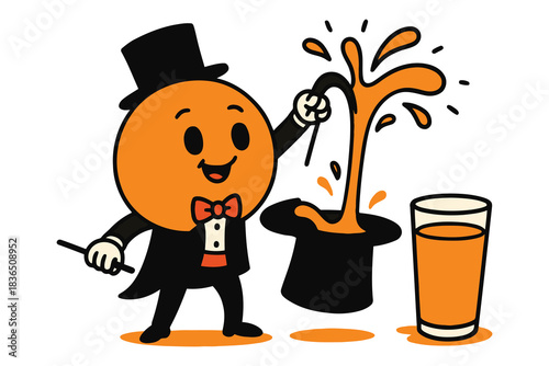 Happy orange character magician performing magic trick with hat and juice