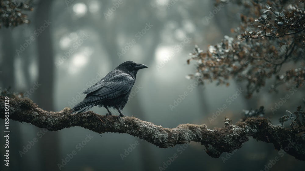 Fototapeta premium Raven Stands on Branch in Misty Forest, Symbolizing Prophecy and Knowledge in Celtic Mythology During a Quiet Morning