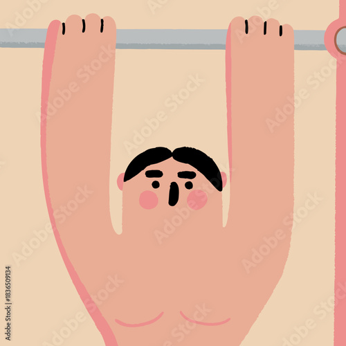 Cartoon man hanging from pull up bar with mustache and rosy cheeks