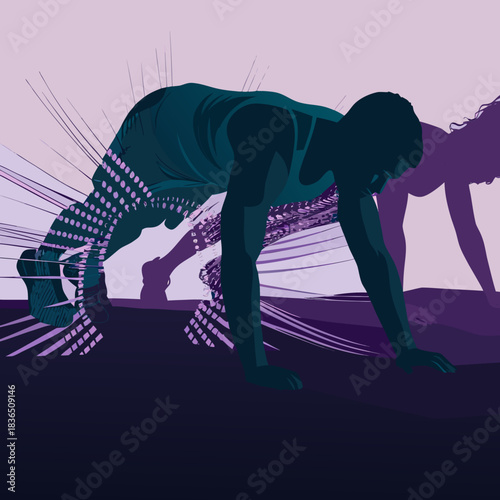 Athletes in a dynamic pose with abstract energetic lines