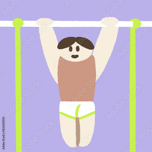 Cartoon person hanging from a horizontal bar