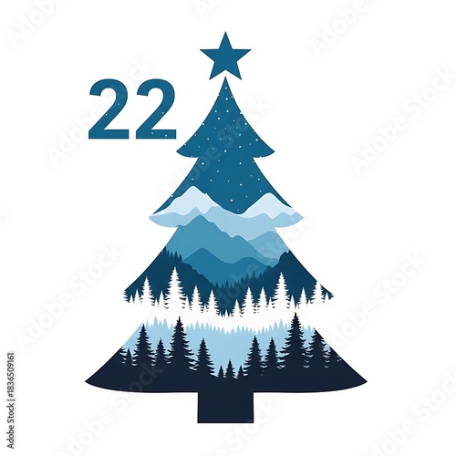 Stylized Christmas Tree with Mountain Landscape and Number 22 Keywords: Christmas tree, winter