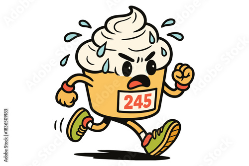 Cartoon cupcake character running hard sweating with determined expression