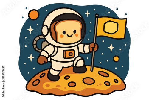 Cute astronaut toast character planting flag on alien planet surface