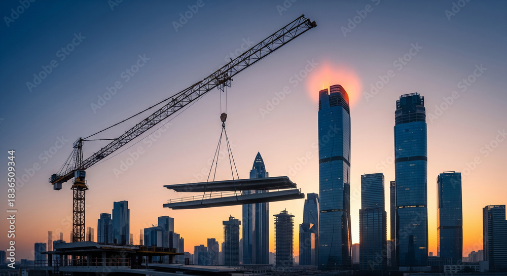 Fototapeta premium Construction in Dubai with crane lifting concrete section at sunset over city skyline
