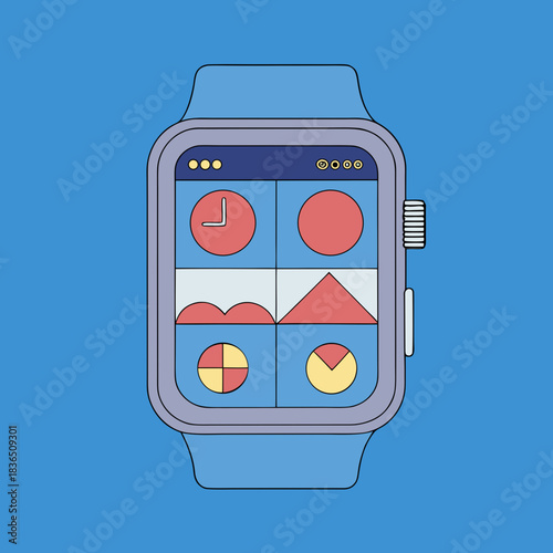Modern smartwatch displaying geometric app icons and data visualizations