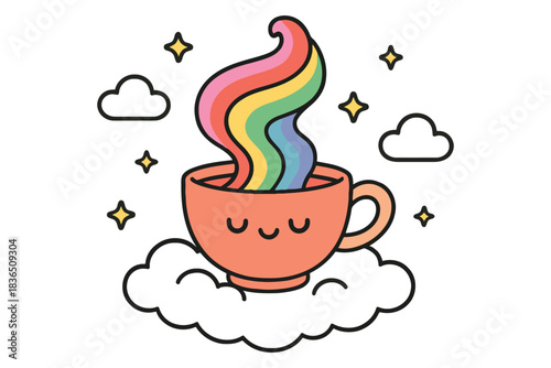 Cute kawaii coffee cup with rainbow steam floating on cloud