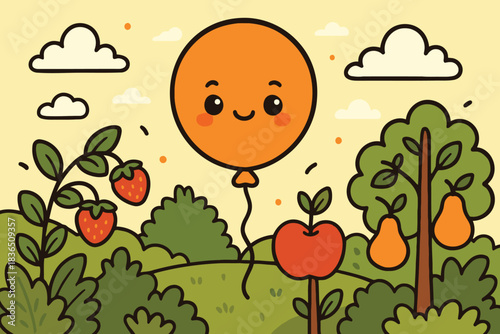 Happy orange balloon floating above orchard with fruits and clouds