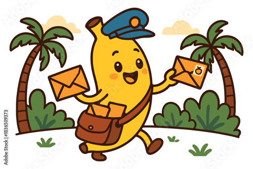 Happy banana character delivering mail in a tropical setting