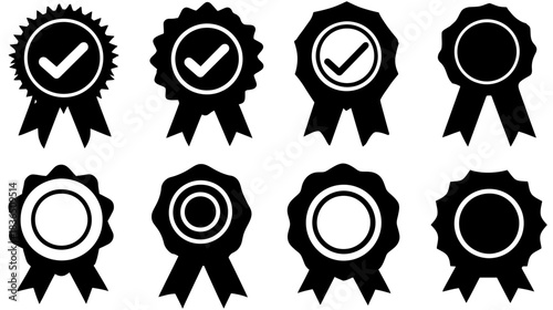 Vector set of black quality guarantee badges, certified award ribbons with check marks, and blank approval seals for success and achievement