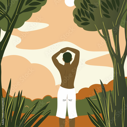 Person stretching outdoors with trees and a warm sky