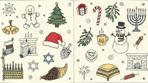 Festive Holiday Symbols and Decorations for Christmas and Hanukkah Celebrations.