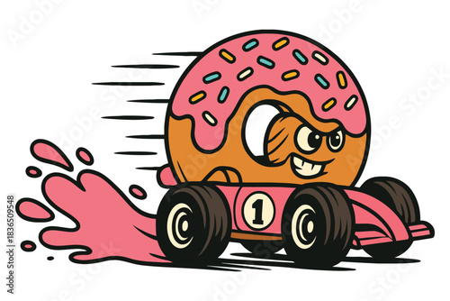 Cartoon donut with sprinkles driving a race car with pink frosting splash