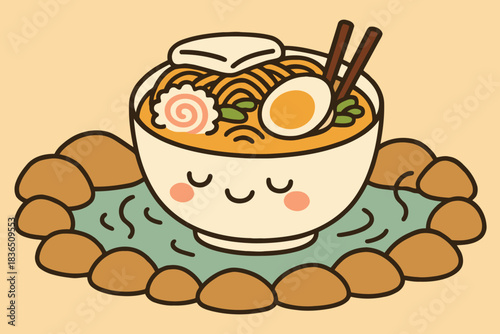 Cute kawaii ramen bowl character relaxing in a hot spring