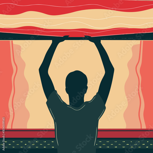 Silhouette of a person holding up a colorful abstract banner