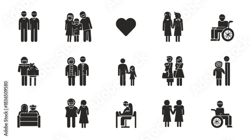 Set of Diverse Family, Love, and Relationship Icons. Inclusive People Silhouettes Representing Modern Families.