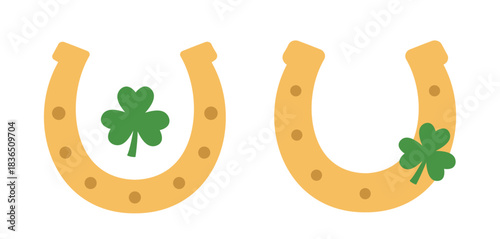 Saint Patrick's Day  horseshoe with green shamrock clipart set.
Set of St. Patrick's Horseshoe vector illustration.
Good for greeting card,poster, banner, leaflet.
White background.