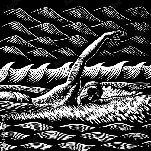Swimmer navigating stylized waves in black and white art