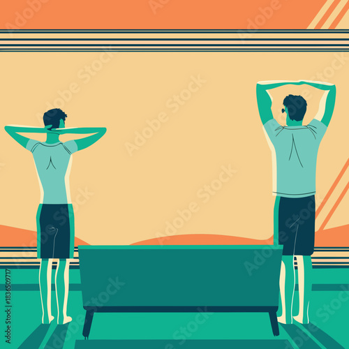 Two men stretching with hands behind their heads in a minimalist setting