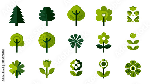 Set of stylized green trees and geometric flower icons. Modern flat design vector illustrations for nature, forest, and garden themes.