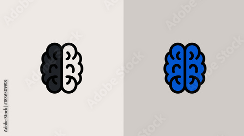 Abstract human brain icons set illustrating intelligence, thinking, memory, mental health, and creativity with blue and black & white colors