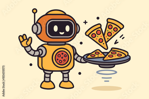 Friendly cartoon robot delivering delicious pizza slices on a floating tray
