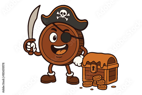 Cartoon pirate coin character holding sword next to treasure chest
