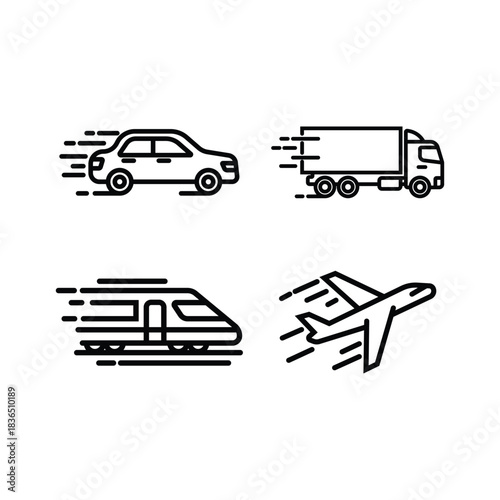 fast transportation icons set of car truck train and airplane in motion line style vector illustration.