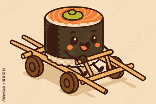 Cute sushi roll character riding on a wooden cart with wheels