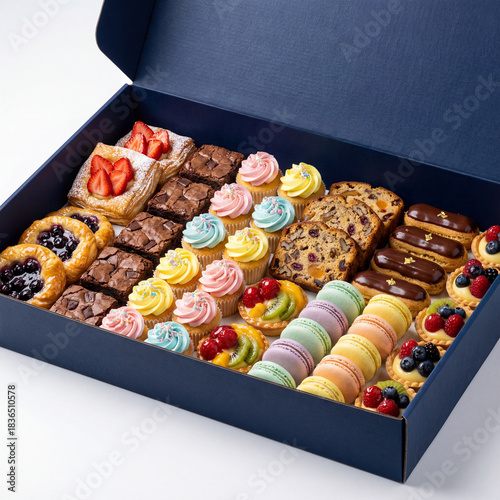 assorted pastries giftbox, small cakes, cup cakes, strawberry cake with brownies and fruit cakes, sweet treat, sweat giftbox