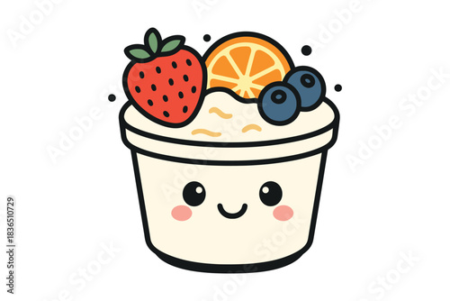 Cute kawaii yogurt cup with fresh berries and orange slice