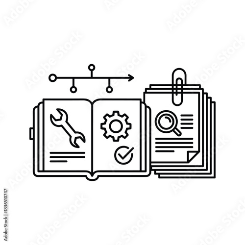 Technical Manual and Process Documentation Icon: Featuring a wrench, gear, checkmark, flow diagram, and search documents, symbolizing instructions, settings, and review.