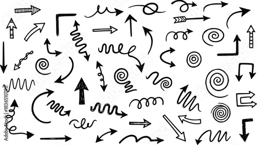 Hand Drawn Doodle Arrows Collection Pointing Various Directions Isolated on Transparent Background