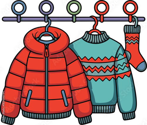 Cozy winter clothing, a red puffer jacket, blue patterned sweater, and a warm sock hanging on a rail. Vector