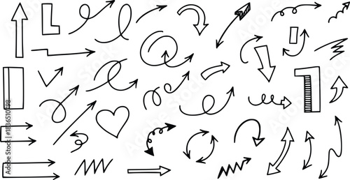 Hand Drawn Doodle Arrow Collection with Various Shapes Curvy Straight Pointing Isolated on Transparent Background