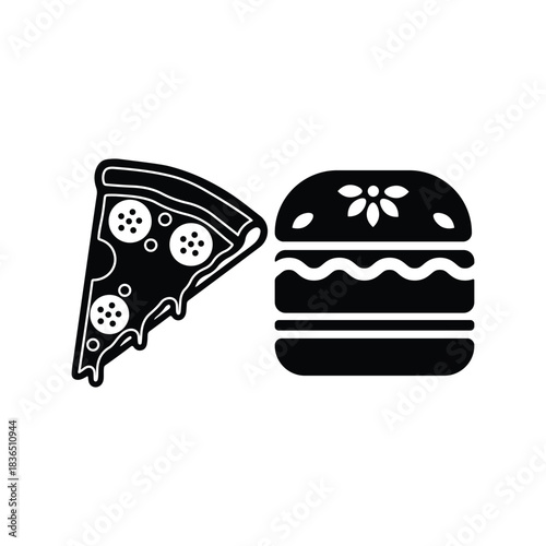 pizza slice and burger silhouette icon illustration