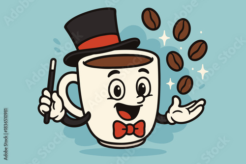 Whimsical coffee mug magician performing a coffee bean trick