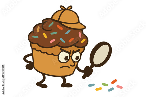 Curious cupcake detective investigating sprinkles with magnifying glass