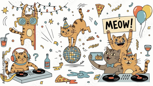 Playful Cats Celebrating a Lively Party with Music and Fun.