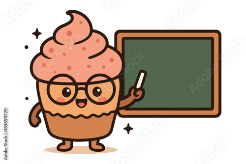Cute cupcake character wearing glasses teaching at a chalkboard