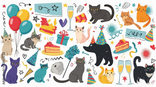Cats and party elements illustration for birthday celebration.