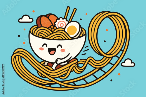 Happy ramen bowl character riding a roller coaster of noodles