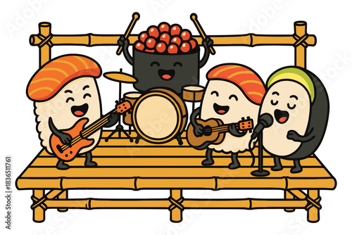 Cute sushi band performing music on a bamboo stage with drums