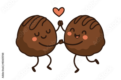 Cute cartoon chocolate eggs holding hands with a heart above